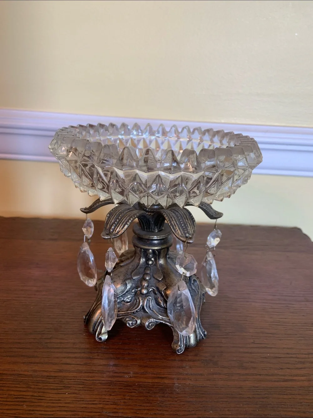 Hollywood Regency Elegant Glass Crystal Compote with Metal Base